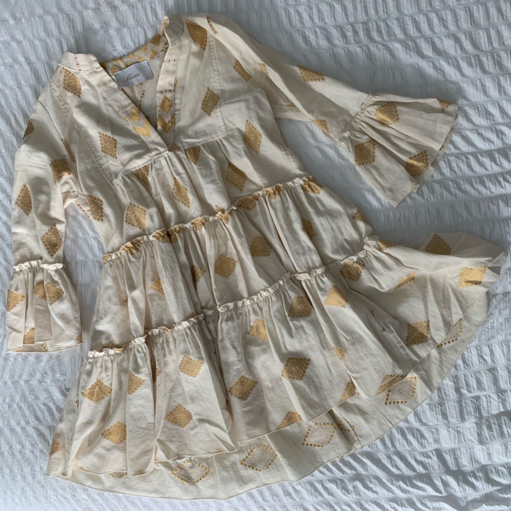 Kasia Greek cream colored dress with gold embroidery